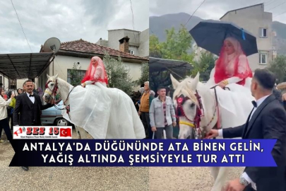 Antalya'da Düğününde Ata Binen Gelin, Yağış Altında Şemsiyeyle Tur Attı