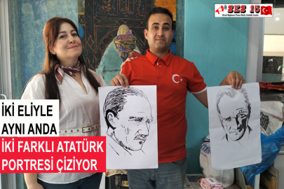 İki Eliyle Aynı Anda İki Farklı Atatürk Portresi Çiziyor