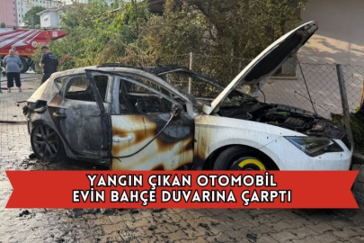 Yangın Çıkan Otomobil Evin Bahçe Duvarına Çarptı